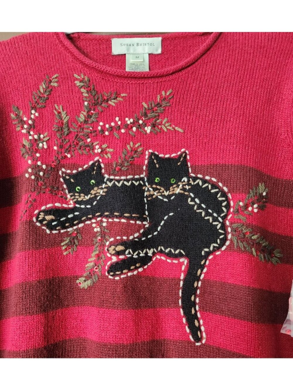 Susan Bristol Cat Sweater M NWT Hand Embroidered Black Cats Y2K Grannycore